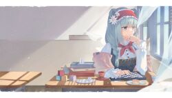 Rule 34 | 1girl, absurdres, animal ears, aqua hair, arknights, bear ears, bear girl, blue dress, blue eyes, book, book stack, chessboard, commentary request, covering own mouth, cup, curtains, daisy, desk, dress, flower, food, frilled headwear, hair flower, hair ornament, hairband, hand up, headband, highres, hongbaise raw, indoors, istina (arknights), istina (bibliosmia) (arknights), letterboxed, looking to the side, mixed-language commentary, monocle, neckerchief, official alternate costume, pancake, pancake stack, plate, red hairband, red headband, red neckerchief, sarafan, saucer, school desk, shawl, shirt, solo, syrup, teacup, toy block, upper body, white flower, white shirt, whiteboard, window