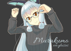 Rule 34 | 1girl, alternate costume, bespectacled, black sweater, brown eyes, character name, commentary, destroyer, glasses, grey background, hair ribbon, headgear, kantai collection, kitaminami, long hair, looking at viewer, military, military vehicle, murakumo (kancolle), ribbed sweater, ribbon, ship, sidelocks, silver hair, solo, sweater, tress ribbon, upper body, warship, watercraft