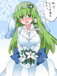 Rule 34 | 1girl, :d, bad id, bad pixiv id, blue bow, blush, bouquet, bow, breasts, bridal veil, dress, eyes visible through hair, flower, frog hair ornament, green hair, hair ornament, hair tubes, hammer (sunset beach), happy, holding, holding bouquet, kochiya sanae, large breasts, long hair, long sleeves, looking at viewer, open mouth, smile, snake hair ornament, solo, speech bubble, standing, touhou, translated, veil, wedding dress, white dress