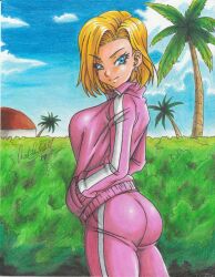 Rule 34 | 1girl, 2019, absurdres, android 18, artist name, ass, blonde hair, blue eyes, breasts, building, bush, cowboy shot, day, dragon ball, dragon ball super, dragonball z, earrings, female focus, highres, jacket, jewelry, large breasts, outdoors, palm tree, pants, pink jacket, pink pants, ravernclouk design, sky, smile, solo, sports jacket, sportswear, standing, traditional media, tree