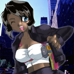 Rule 34 | 1990s (style), 1girl, ;), black hair, blue eyes, breasts, bustier, cleavage, dark-skinned female, dark skin, gun, gunsmith cats, handgun, holster, jacket, midriff, one eye closed, open clothes, open jacket, open mouth, photo background, pistol, rally vincent, retro artstyle, short hair, shoulder holster, smile, solo, toragura, weapon