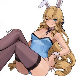 Rule 34 | 1girl, ;q, animal ears, artist name, bare shoulders, black ribbon, black thighhighs, blonde hair, blue eyes, blue leotard, blue nails, breasts, bunnyoki, commentary, crossed legs, detached sleeves, drill hair, drill sidelocks, english commentary, genshin impact, highleg, highleg leotard, highres, large breasts, leotard, long hair, looking at viewer, navia (genshin impact), neck ribbon, one eye closed, rabbit ears, ribbon, sidelocks, sitting, smile, solo, star (symbol), star in eye, symbol in eye, thighhighs, tongue, tongue out, white background, white wrist cuffs, wrist cuffs