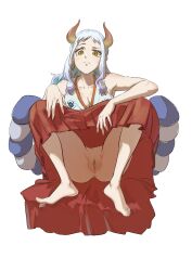 Rule 34 | 1girl, anus, arm on knee, barefoot, blue hair, breasts, cleavage, closed mouth, collarbone, earrings, eyelashes, full body, hakama, hakama skirt, horns, japanese clothes, jewelry, kimono, medium breasts, multicolored hair, multicolored horns, no panties, one piece, oni horns, orange eyes, orange horns, pleated skirt, pussy, red horns, red skirt, rope, shimenawa, simple background, single earring, sitting, skirt, solo, spread legs, thighs, toenails, toes, upskirt, white background, white hair, yamato (one piece)