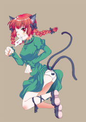 Rule 34 | 1girl, animal ears, ass, blush, braid, breasts, cat ears, cat girl, cat tail, dress, fang, female focus, full body, hair ribbon, kaenbyou rin, letter, multiple tails, one eye closed, panties, paw pose, red eyes, red hair, ribbon, short hair, simple background, solo, tail, touhou, twin braids, twintails, uda makoto, underwear, wink