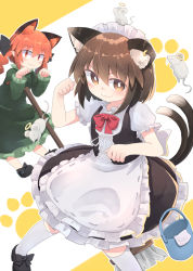 Rule 34 | 2girls, :3, alternate costume, animal ear fluff, animal ears, blush, bow, bowtie, braid, bright pupils, brown eyes, brown hair, cat ears, cat tail, chen, corset, dress, earrings, enmaided, extra ears, foot out of frame, footwear bow, green dress, halo, highres, jewelry, kaenbyou rin, kibisake, long hair, looking at viewer, maid, mouse (animal), multiple girls, multiple tails, nekomata, orange background, paw pose, paw print, paw print background, pointy ears, red bow, red bowtie, red eyes, red hair, short hair, simple background, single earring, tail, touhou, twin braids, twintails, two tails, white pupils