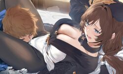 Rule 34 | 1boy, 1girl, absurdres, backlighting, bed, beret, black hat, black pantyhose, blush, breasts, brown hair, cleavage, closed eyes, commentary, cunnilingus, cunnilingus through clothes, gran (granblue fantasy), granblue fantasy, greyscale, hand on another&#039;s thigh, hat, head between thighs, heavy breathing, hetero, hews, highleg, highleg leotard, highres, indoors, large breasts, leotard, long hair, long sleeves, looking at another, looking down, lying, monochrome, on back, on bed, open mouth, oral, pantyhose, raziel (granblue fantasy), reclining, short hair, sketch, spread legs, sweat, thighs, white leotard