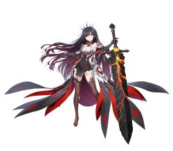 Rule 34 | 1girl, bare shoulders, black gloves, black hair, breasts, counter:side, covered navel, crown, elbow gloves, full body, gloves, highres, holding, holding sword, holding weapon, long hair, looking at viewer, official art, red eyes, rosaria le friede, small breasts, solo, sword, tachi-e, thighhighs, transparent background, weapon