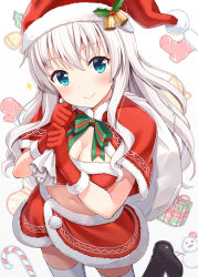Rule 34 | 1girl, blue eyes, breasts, candy, candy cane, capelet, christmas, cleavage, food, fur trim, gloves, hat, highres, hyuuga azuri, long hair, merry christmas, original, red gloves, sack, santa costume, santa hat, silver hair, smile, solo
