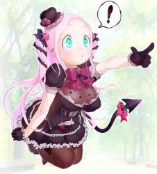 Rule 34 | !, 1girl, aqua eyes, black gloves, bow, bowtie, breasts, choker, cleavage, demon tail, dress, flower, frilled hat, frills, gloves, gothic lolita, green eyes, hair flower, hair ornament, hat, katerina (rondo duo), large breasts, leggings, lolita fashion, long hair, pantyhose, pink hair, pointing, ribbon choker, rondo duo, rose, short sleeves, solo, spoken exclamation mark, tail, tail bow, tail ornament, thorns, tinkle bell, two side up, very long hair