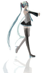 Rule 34 | 1girl, absurdres, aqua eyes, aqua hair, aqua necktie, azu (azukagamine), bare shoulders, black skirt, black sleeves, black thighhighs, bloom, boots, commentary, detached sleeves, expressionless, from side, full body, grey shirt, hair ornament, hatsune miku, headphones, high heels, highres, interlocked fingers, long hair, looking at viewer, looking to the side, miniskirt, necktie, outstretched arms, pleated skirt, reflection, shirt, sketch, skirt, sleeveless, sleeveless shirt, solo, stretching, thigh boots, thighhighs, twintails, very long hair, vocaloid, walking, white background, zettai ryouiki