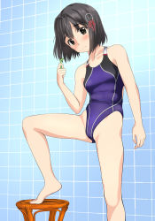 Rule 34 | 1girl, absurdres, bad id, bad pixiv id, barefoot, black hair, breasts, brown eyes, collarbone, competition swimsuit, feet out of frame, female pubic hair, haguro (kancolle), hair ornament, highres, kantai collection, one-piece swimsuit, pubic hair, purple one-piece swimsuit, razor, short hair, small breasts, solo, standing, stool, swimsuit, takafumi, tears, thighs, tile wall, tiles