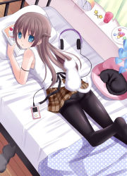 Rule 34 | 1girl, ass, bed, blue eyes, book, brown hair, cat, clock, crotch seam, cup, digital media player, from above, headphones, ikeda yuuki, long hair, looking at viewer, looking up, lying, no shoes, on bed, on stomach, open book, original, panties, panties under pantyhose, pantyhose, pantyshot, perspective, pillow, plaid, plaid skirt, plate, polka dot, skirt, thighband pantyhose, underwear, upskirt, white panties