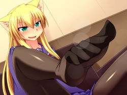 Rule 34 | animal ears, blonde hair, character request, feet, foot focus, green eyes, naughty face, nokoppa, pantyhose, pov, source request, tagme, toes