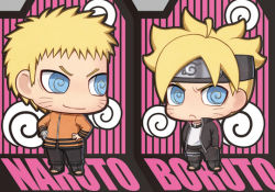 Rule 34 | 2boys, @ @, ahoge, blonde hair, blue eyes, boruto: the movie, chibi, father and son, forehead protector, frown, hands in pockets, hands on own hips, jacket, jewelry, multiple boys, naruto, naruto (series), necklace, official art, open clothes, open jacket, spiked hair, striped, striped background, uzumaki boruto, uzumaki naruto, whiskers, yuupon