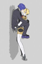 Rule 34 | 1boy, 1girl, aegis (persona), against wall, android, assertive female, blonde hair, gekkoukan high school uniform, grey background, highres, joints, kiss, lifting person, light blush, persona, persona 3, robot ears, robot girl, robot joints, roviahc, school uniform, short hair, simple background, yuuki makoto (persona 3)