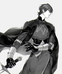 Rule 34 | 1boy, armor, black gloves, byleth (fire emblem), byleth (male) (fire emblem), cape, fire emblem, fire emblem: three houses, gloves, greaves, holding, holding sword, holding weapon, mizuno (iori-amu), monochrome, nintendo, short hair, simple background, solo, sword, upper body, weapon, white background