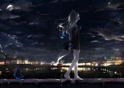 Rule 34 | 1girl, animal ears, barefoot, black butterfly, black shirt, blue butterfly, bug, butterfly, closed eyes, cloud, cloudy sky, commentary, full body, highres, insect, light reflection (water), lights, long hair, long sleeves, mikisai, moonlight, night, night sky, open mouth, original, profile, river, shade, shadow, shirt, shooting star, silver hair, sky, smile, solo, tail, town, water, wide shot