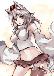 Rule 34 | 1girl, animal ears, atoshi, bad id, bad pixiv id, bare shoulders, breasts, detached sleeves, female focus, frilled thighhighs, frills, impossible clothes, impossible shirt, inubashiri momiji, microskirt, panties, pantyshot, red eyes, shirt, silver hair, single thighhigh, sketch, skirt, smile, solo, tail, thighhighs, touhou, underwear, upskirt, wolf ears, wolf tail