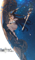Rule 34 | 1girl, absurdres, anklet, armlet, ass, asymmetrical legwear, asymmetrical sleeves, barefoot, bikini, black bikini, black bow, black hair, bow, breasts, copyright name, crown, detached collar, detached sleeves, earrings, fate/grand order, fate (series), feet, hair bow, heavenly boat maanna, highres, hoop earrings, ishtar (fate), jewelry, legs, long hair, looking at viewer, navel, neck ring, parted bangs, single detached sleeve, single thighhigh, smile, solo, space, star (sky), swimsuit, sword, thighhighs, thighs, tiara, toeless legwear, two side up, uneven legwear, uneven sleeves, weapon, white bikini, yellow eyes, yijian ma