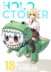 Rule 34 | 2girls, :3, absurdres, adarin, blonde hair, blue eyes, blue hair, blunt bangs, breasts, brown footwear, brown skirt, character name, chibi, collared shirt, costume, dinosaur costume, dress shirt, english text, gawr gura, hair ornament, high-waist skirt, highres, hololive, hololive english, hood, hood up, medium breasts, multicolored hair, multiple girls, necktie, plaid, plaid skirt, pleated skirt, red necktie, shirt, short hair, short necktie, skirt, smile, smol gura, solo, streaked hair, tail, thighhighs, twitter username, two side up, virtual youtuber, watson amelia, watson amelia (1st costume), white hair, white shirt