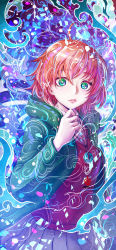Rule 34 | 1girl, absurdres, amulet, arm up, artist logo, coat, collared shirt, cowboy shot, green coat, green eyes, hatori chise, highres, kanchiyo, light blush, looking at viewer, mahou tsukai no yome, multicolored background, parted lips, pleated skirt, red hair, red sweater, shirt, short hair, signature, skirt, solo, standing, sweater, v-neck, white shirt
