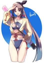Rule 34 | 1girl, :d, bikini, black hair, blue bikini, blue eyes, breasts, commentary request, fate/grand order, fate (series), hair bun, hand on own hip, jacket, jacket over swimsuit, long hair, looking at viewer, medium breasts, navel, open mouth, parted bangs, salute, side ponytail, single hair bun, single side bun, smile, solo, swimsuit, ushiwakamaru (fate), ushiwakamaru (fate/grand order), ushiwakamaru (swimsuit assassin) (fate), ushiwakamaru (swimsuit assassin) (first ascension) (fate), very long hair, xkirara39x, yellow jacket