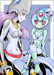 Rule 34 | 2girls, absurdres, alternate form, breasts, calamaramon, clothing cutout, digimon, digimon frontier, dual persona, evolution, frog girl, helmet, highres, multiple girls, navel cutout, one-piece swimsuit, ranamon, red eyes, squid, squid girl, swimsuit, tongue, tongue out