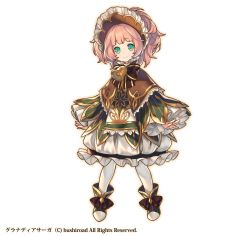 Rule 34 | 1girl, bell, belt, blush, bonnet, bubble skirt, capelet, closed mouth, collar, copyright name, full body, granadia saga, green eyes, head tilt, highres, kotatsu (g-rough), legs apart, light blush, long sleeves, looking at viewer, maid, neck bell, official art, pantyhose, pink hair, shoes, simple background, skirt, smile, watermark, white background, white pantyhose