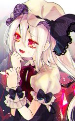 Rule 34 | 1girl, albino, alternate color, black bow, black dress, black nails, black ribbon, bow, chromatic aberration, commentary, crying, crying with eyes open, crystal, dress, fangs, flandre scarlet, fua yuu, gradient background, hands up, hat, hat ribbon, highres, long hair, mob cap, nail polish, open mouth, pinky out, puffy short sleeves, puffy sleeves, red eyes, red neckwear, ribbon, shirt, short sleeves, side ponytail, signature, skin fangs, solo, string, string of fate, tears, touhou, upper body, white hair, white hat, white shirt, wings, wrist bow, wrist cuffs