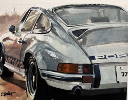 Rule 34 | absurdres, bad id, bad reddit id, butcherbirdart, car, commentary, english commentary, from behind, highres, motor vehicle, no humans, original, painting (medium), porsche, porsche 911, porsche 911 (classic), signature, sports car, traditional media, vehicle focus, white car