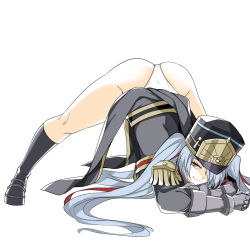 Rule 34 | 1girl, altair (re:creators), altair ibn la-ahad, ass, dos (james30226), gauntlets, gloves, hair between eyes, hat, highres, jack-o&#039; challenge, long hair, looking at viewer, military, military uniform, panties, re:creators, red eyes, shako cap, simple background, smile, solo, spread legs, top-down bottom-up, twintails, underwear, uniform, very long hair, white background, white hair