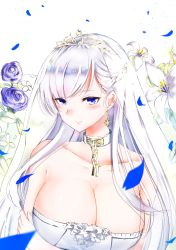 Rule 34 | 1girl, absurdres, azur lane, bare arms, bare shoulders, belfast (azur lane), belfast (the pledge of claddagh) (azur lane), blue eyes, breast hold, breasts, bridal veil, broken, broken chain, chain, cleavage, closed mouth, collar, collarbone, commentary, dress, earrings, flower, hair ribbon, highres, huge breasts, jewelry, long hair, official alternate costume, parted bangs, petals, pnatsu, purple flower, purple rose, ribbon, rose, simple background, smile, solo, star (symbol), star earrings, symbol-only commentary, tiara, tress ribbon, upper body, veil, white background, white dress, white flower, white hair