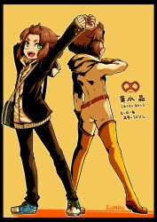 Rule 34 | 1boy, androgynous, arm behind head, arm up, bag, belt, black jacket, boots, brown hair, commentary request, domino mask, dual persona, green eyes, highres, holding, holding bag, hood, hoodie, jacket, male focus, mask, open mouth, orange footwear, original, school bag, shoes, signature, smile, sneakers, suparu (detteiu), superhero costume, thigh boots, translation request, v-shaped eyebrows, white hood, white hoodie