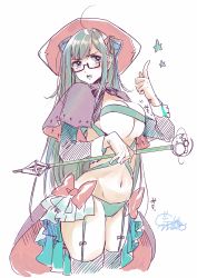 Rule 34 | 1girl, absurdres, ahoge, bikini, black-framed eyewear, blush, bow, breasts, budget sarashi, capelet, cleavage, cowboy shot, garter straps, geshumaro, green bikini, green eyes, green hair, hair ribbon, hand up, highres, index finger raised, large breasts, looking at viewer, navel, open mouth, original, red bow, red ribbon, ribbon, sarashi, semi-rimless eyewear, showgirl skirt, signature, simple background, solo, swimsuit, thighhighs, under-rim eyewear, waist cape, watch, white background, witch, wristwatch