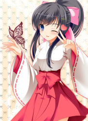 Rule 34 | 1girl, black hair, blue eyes, blush, breasts, bug, butterfly, heart, bug, japanese clothes, long hair, medium breasts, miko, one eye closed, original, ponytail, smile, solo, takataka, wink
