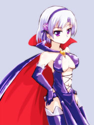 Rule 34 | 10s, 1girl, arsene, breasts, cape, cleavage, dress, female focus, gloves, grey hair, hair ribbon, hand on own hip, hip focus, large breasts, latex, latex dress, latex gloves, midriff, navel, purple eyes, ribbon, short hair, simple background, solo, tantei opera milky holmes, thighhighs