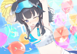 Rule 34 | 1girl, absurdres, animal ears, armpits, arms up, bad id, bad pixiv id, balloon, bare shoulders, black hair, blue archive, blue eyes, blush, breasts, cheerleader, cleavage, crop top, dog ears, dog girl, goggles, goggles on head, halo, hibiki (blue archive), hibiki (cheer squad) (blue archive), highres, kaerunrun, long hair, looking at viewer, medium breasts, millennium cheerleader outfit (blue archive), navel, official alternate costume, pom pom (cheerleading), skirt, solo, star sticker, sticker on face