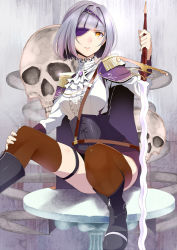 Rule 34 | 1girl, boots, cape, corset, ascot, epaulettes, eyepatch, frills, original, parted lips, retsuna, short hair, silver hair, sitting, skull, solo, sword, thighhighs, weapon, yellow eyes