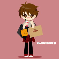 Rule 34 | 1boy, :&gt;, bag, blush, brown eyes, brown hair, character name, clothes around waist, cup, disposable cup, drink, drinking straw, freckles, highres, ji guang-hong, kaorin minogue, male focus, plaid, shopping bag, smile, star-shaped pupils, star (symbol), symbol-shaped pupils, whipped cream, yuri!!! on ice