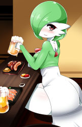 Rule 34 | alcohol, bad id, bad pixiv id, beer, beer mug, blush, creatures (company), cup, drink, drinking glass, food, game freak, gardevoir, gen 3 pokemon, green hair, hair over one eye, highres, holding, holding cup, holding drinking glass, indoors, looking at viewer, mug, nintendo, pokemon, pokemon (creature), red eyes, sausage, short hair, smile, solo, teddy jack