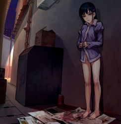 Rule 34 | 1girl, aftersex, as109, bad id, bad pixiv id, barefoot, black hair, bottomless, breasts, after rape, empty eyes, green eyes, long hair, naked shirt, night, shirt, shoujo to ura roji, small breasts, solo, standing, yellow eyes