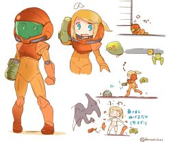 Rule 34 | 1girl, adapted costume, arm cannon, arrow (symbol), artist name, blonde hair, blue eyes, clenched hand, commentary request, hanomido, helmet, md5 mismatch, metroid, metroid (creature), motion lines, musical note, navel, nintendo, open mouth, pigeon-toed, ponytail, resized, ridley, samus aran, standing, ^^^, sweatdrop, translation request, twitter username, underwear, weapon