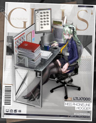 Rule 34 | 1girl, ahoge, artist request, barcode, binder, black footwear, black ribbon, black skirt, black thighhighs, blue jacket, braid, breasts, calendar (object), chair, character name, chest strap, clock, coffee, coffee mug, commentary, computer, copyright name, crossed legs, cup, desk, digital clock, ear piercing, earrings, english commentary, full body, garter straps, girls&#039; frontline, glasses, green hair, grey shirt, griffin &amp; kryuger, hair between eyes, hair ribbon, headgear, high heels, highres, jacket, jewelry, lace, lace-trimmed legwear, lace trim, lanyard, laptop, large breasts, long hair, long sleeves, looking at viewer, ltlx 7000 (girls&#039; frontline), ltlx 7000 (miss phoneline hogger) (girls&#039; frontline), monitor, mouse (computer), mug, multiple monitors, necktie, office chair, office lady, official alternate costume, official art, paper stack, paperclip, pencil skirt, picture frame, piercing, promotional art, rectangular eyewear, red eyes, ribbon, second-party source, shirt, sitting, skirt, solo, sticky note, swivel chair, thighhighs, very long hair, yellow necktie