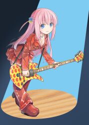 Rule 34 | 1girl, absurdres, blue eyes, bocchi the rock!, breasts, cleavage, cosplay, gotoh hitori, guitar, hair between eyes, hair ornament, hide (singer), hide (singer) (cosplay), highres, holding, holding instrument, instrument, jewelry, leaning, leaning forward, long hair, matsumoto hideto, matsumoto hideto (cosplay), medium breasts, necklace, open mouth, pink hair, pop (electromagneticwave), side ponytail, skirt, spotlight, thighhighs, x-japan, x japan, zettai ryouiki