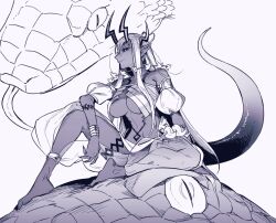 Rule 34 | 1girl, animal, barefoot, bracelet, breasts, dashi (minzoku gb), earrings, fate/grand order, fate (series), giant snake, harem pants, horns, ibuki douji (third ascension) (fate), jewelry, large breasts, magatama, magatama necklace, monochrome, necklace, oversized animal, pants, pointy ears, see-through, see-through pants, snake, solo, tail, underboob