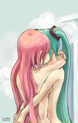 Rule 34 | 10s, 2013, 2girls, arms around neck, artist name, back, bare arms, bare shoulders, breast press, breasts, butt crack, couple, dated, earrings, female focus, flat chest, funkid, green hair, hair ornament, hatsune miku, highres, hug, jewelry, kiss, long hair, megurine luka, multiple girls, nail polish, neck, nude, pink hair, sideboob, sweat, sweatdrop, tongue, twintails, upper body, very long hair, vocaloid, yuri