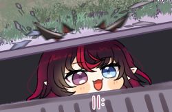 Rule 34 | 1girl, :3, chibi, commentary request, english text, grate, hololive, hololive english, irys (hololive), it (stephen king), open mouth, parody, purple eyes, purple hair, sewer grate, smile, solo, storm drain, virtual youtuber, yasashi v