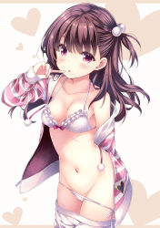 Rule 34 | 1girl, bare shoulders, bra, breasts, brown hair, cleavage, clothes pull, collarbone, cowboy shot, finger to mouth, frilled bra, frills, front-tie bra, front-tie top, groin, highres, jacket, long hair, long sleeves, looking at viewer, medium breasts, navel, off shoulder, open clothes, open jacket, original, panties, panty pull, parted lips, red eyes, ryo (botugo), short shorts, shorts, shorts pull, solo, spaghetti strap, stomach, string panties, striped clothes, striped jacket, underwear, white bra, white panties, white shorts