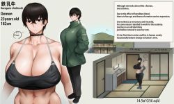 Rule 34 | 1girl, black hair, breasts, character profile, english text, huge breasts, kunaboto, kurogane chichiushi, original, short hair, solo