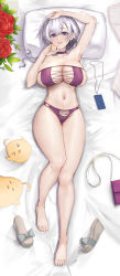 Rule 34 | &gt; &lt;, 1girl, :d, absurdres, armpits, arms up, azur lane, bag, bare shoulders, barefoot, bed sheet, bikini, breasts, chicken (food), chicken leg, choker, cleavage, collarbone, commentary request, cross-laced bikini, cross-laced clothes, flower, from above, full body, grey hair, groin, hair between eyes, highres, large breasts, long hair, looking at viewer, low ponytail, lying, manjuu (azur lane), mippei, navel, official alternate costume, on back, open mouth, parted bangs, parted hair, partial commentary, pillow, purple bag, purple bikini, purple choker, purple eyes, reno (azur lane), reno (summer spin-off) (azur lane), rose, sidelocks, skindentation, smile, solo, stomach, swimsuit, teeth, upper teeth only, wedge heels